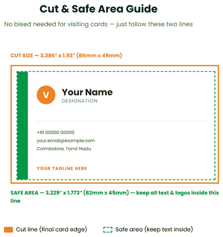 Visiting card cut size and safe area guide